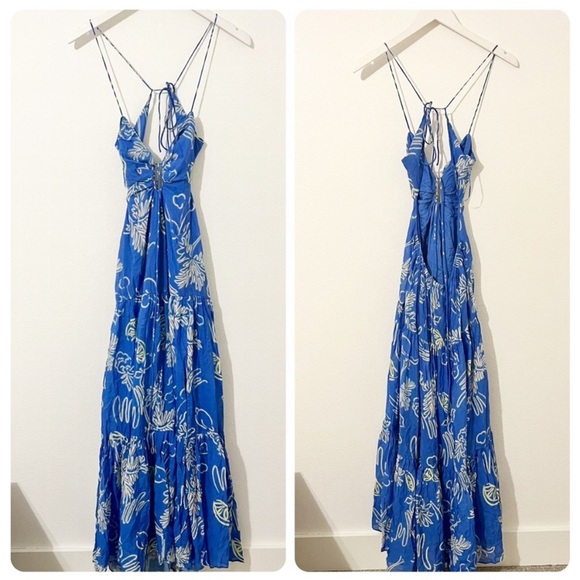NEW ASTR Cassini Tiered Maxi Dress Blue Lemon Print Size Small S - Picture 2 of 7